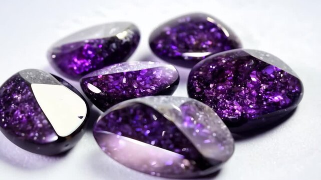 Close-up of polished purple Sugilite gemstones with sparkling facets on a white background.