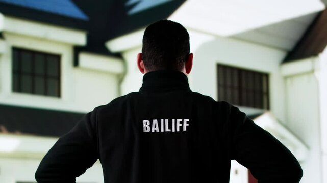 Hispanic Bailiff Man Standing In Front Of At House Entrance