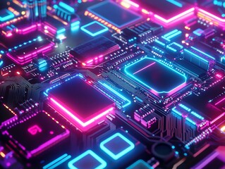 Obraz premium Close-up of vibrant neon-lit circuit board, showcasing intricate technological details.