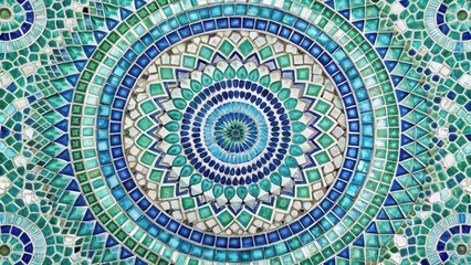 Intricate Circular Mosaic Tilework in Shades of Teal and Blue