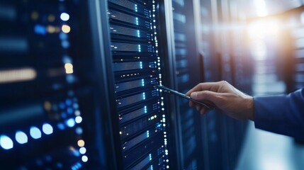 A technician troubleshooting a network server, data center background with racks of servers and cables, IT-tech style