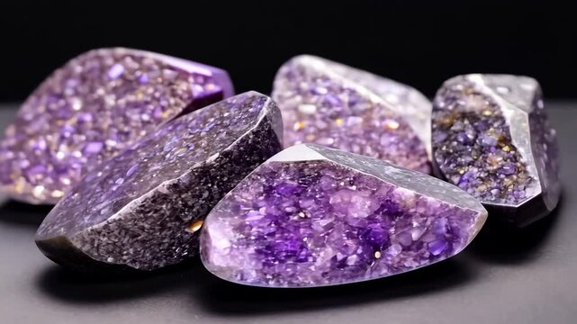 Close-up of polished purple Sugilite geode slices with sparkling crystal formations on a black background.
