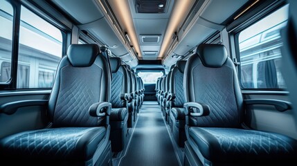 Obraz premium Interior view of a modern passenger bus with comfortable, black leather seats. It shows travel, transportation, or design for public transport advertising.