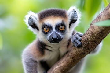 Obraz premium Crowned lemur holding a tree branch in madagascar