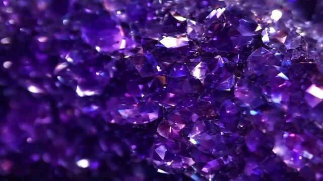 Close-up of a cluster of purple Sugilite amethyst crystals with a sparkling appearance.
