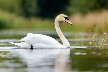 Fototapeta premium Mute swan swimming on a calm lake with reflections