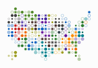 United States, shape of the country built of colored cells. Digital style map of the United States on white background. Large size circle blocks. Stylish vector illustration.