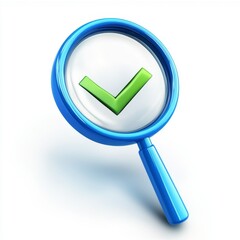 3D Magnifying Glass with Checkmark on White Background