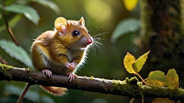A tiny hazel dormouse clings to a delicate branch ai