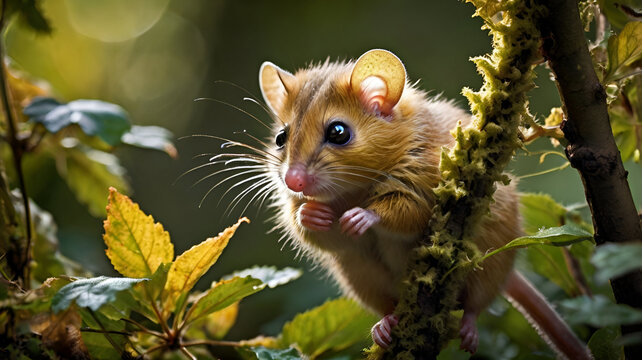 A tiny hazel dormouse clings to a delicate branch ai