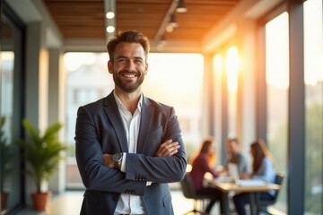 Confident Entrepreneur Smiling in Modern Office with natural sunlight streaming through large windows