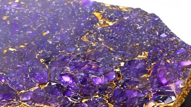 A close-up view of a vibrant purple Sugilite amethyst geode with golden veins, showcasing its crystalline structure and rich colors.