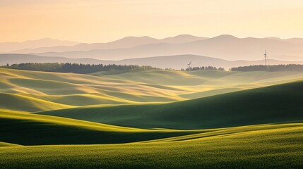 Obraz premium Serene sunrise over rolling green hills and distant mountains with wind turbines.