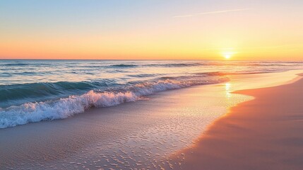 Obraz premium Tranquil beach sunset with gentle waves and warm orange-pink sky
