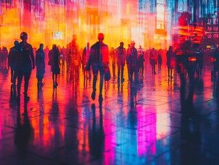 Obraz premium Silhouetted figures walking in a vibrant, neon-lit city square at night, reflected on a wet surface.