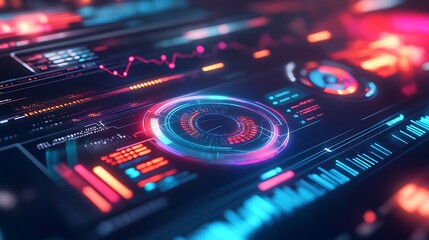 Obraz premium Digital dashboard with colorful pie charts, line graphs, and icons, symbolizing data analytics