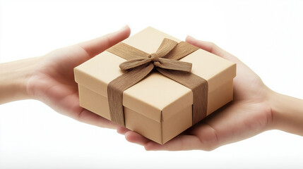 Hands exchanging a gift box wrapped with a brown ribbon