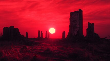 Obraz premium Red sunset over ancient ruins.