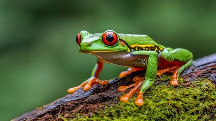 Vibrant red-eyed tree frog perched on a mossy log in a lush environment