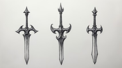 Three fantasy swords drawn with intricate details
