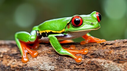Vibrant red-eyed tree frog perched on a branch in a lush environment