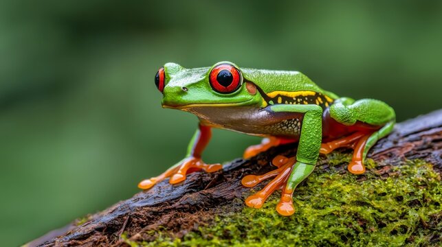 Vibrant red-eyed tree frog perched on a mossy log in a lush environment