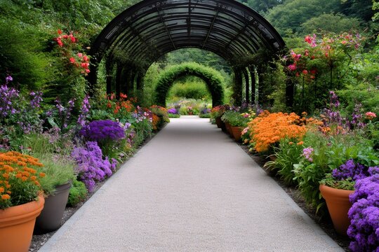 Gravel path under metal arch surrounded by colorful flowers leading to green arch in beautiful garden - Powered by Adobe