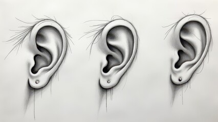 Detailed pencil sketch of three ears with piercings.