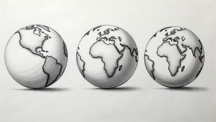 Three Earth Globes in Pencil Drawing