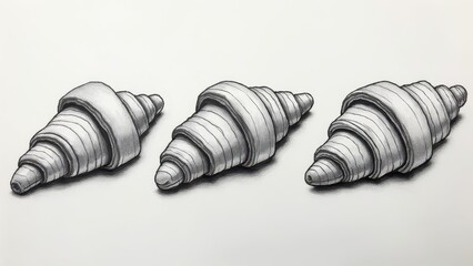 Three Detailed Pencil-Drawn Croissants