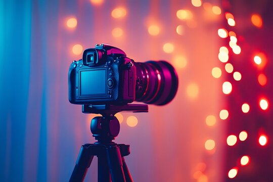 DSLR camera on tripod with bokeh lights. - Powered by Adobe