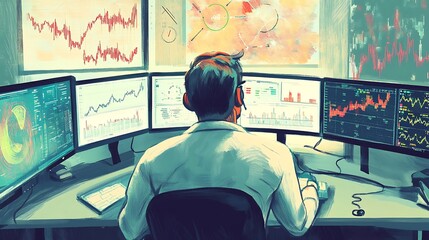 Illustration of a data scientist analyzing patterns on multiple monitors, with graphs and figures