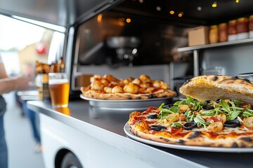 Food truck cuisine gourmet beer Delicious food truck serving gourmet pizza and snacks with drinks. © artchvit