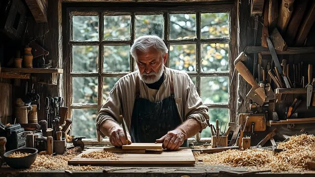 An artisan carpenter is focused on shaping wood at his workbench. Sunlight filters through the window, casting a warm glow over the carefully organized tools and wood shavings around him.