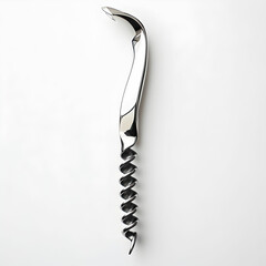 A sleek, silver corkscrew with a spiral metal tip and ergonomic handle, displayed on a white background