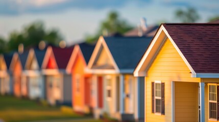 Colorful row of houses under soft sunlight in a suburban setting.