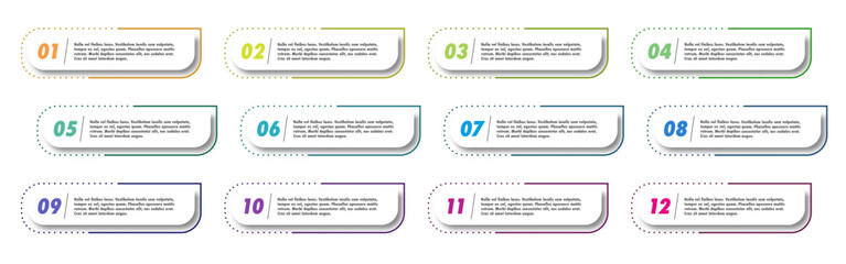 Bullet points numbers from 1 to 12 list markers modern style colorful trendy typography