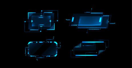 Futuristic cyberpunk HUD elements collection - neon blue glowing frames, shapes, digital callout titles on dark background. Sci fi game ui, virtual reality interface, dashboard display vector design.