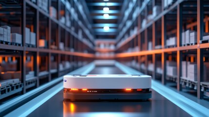 An AI powered automated warehouse robot sorting products and optimizing storage layouts based on real time inventory data, glowing logistics interface, real-time storage management