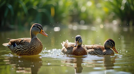 Duck swimming in pond in deep jungle, Ducks on water, Ducklings in water in forest area