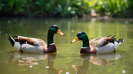 Mallard Duck in pond in deep forest, Mallard Duck in water, Duck on pond in forest