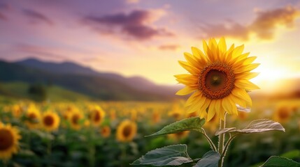 Vibrant sunflower in a field at sunset.