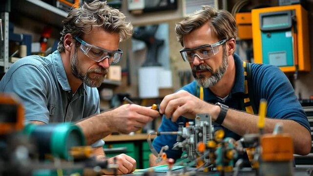Under warm workshop lights, an electrician guides his apprentice through intricate assembly tasks.