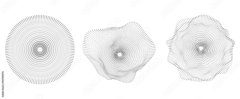 Poster Radial dotted sphere shapes with particle array effect. Geometric circle elements formed with dynamic points and lines. Minimalistic black and white compositions, abstract irregular vector orb.