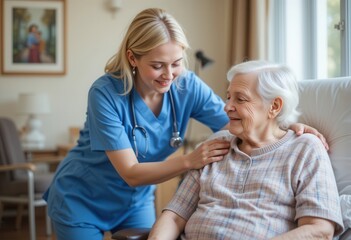 Obraz premium Caregiver attends to elderly woman in a warm and inviting room