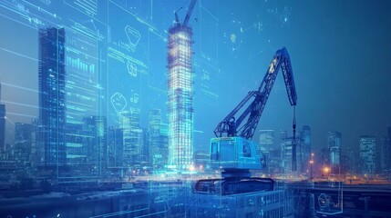 An AI powered autonomous construction vehicle building skyscrapers in a futuristic urban landscape, glowing construction data interfaces, advanced robotic arms