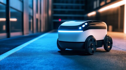 Fototapeta premium An AI powered autonomous delivery robot transporting goods in a futuristic city, interacting with pedestrians and navigating obstacles, glowing navigation interface