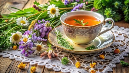 Aromatic Herbal Tea Infusion in Vintage Teacup, Surrounded by Delicate Wildflowers on Rustic Wooden Table