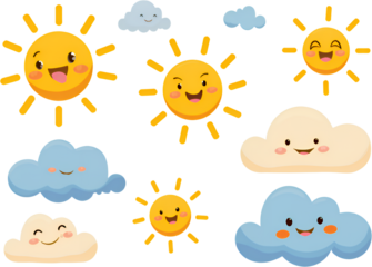 Cartoon Suns & Clouds, Smiling Faces, transparent background