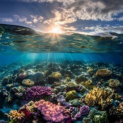 Vibrant Coral Reef Ecosystem Under Sunlit Ocean Surface Revealing Aquatic Biodiversity Beauty